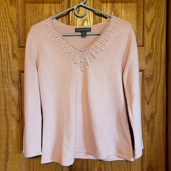 Josephine Chaus V-neck Pearl Beaded Pink Sweater Sz. M - Picture 4 of 7